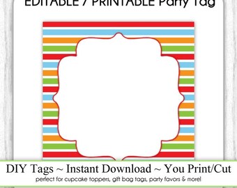 Square Printable Christmas Party Favor, Rainbow Stripes Editable Party Tag, Square DIY Party Tag or Cupcake Topper, INSTANT DOWNLOAD
