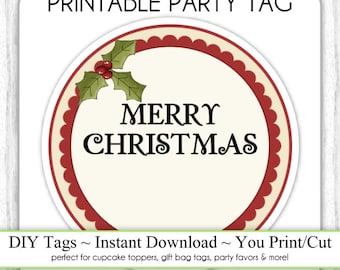 Christmas Printable Tags, Holiday Printables, Xmas Tags, Holly DIY Party Tags, You Print, You Cut, INSTANT DOWNLOAD