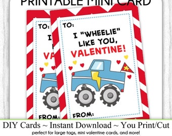 Truck Valentine's Day Printable Cards, Valentine Mini Cards, DIY, You Print, Monster Truck Valentine Printable Cards, Instant Download,