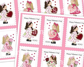 INSTANT DOWNLOAD - Printable Valentines - Eight Mini Cards (4 with writing, 4 blank) - 2.5 x 3.5 - in PDF format - sweet girls, dolls