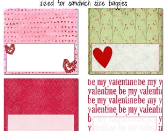 May include: Four printable Valentine's Day treat bag toppers. The toppers feature a pink and white heart pattern, a green and white floral pattern, a red and white heart pattern, and a red and white heart pattern with the text "be my valentine be my valentine be my valentine be my valentine be my valentine be my valentine be my valentine be my valentine".