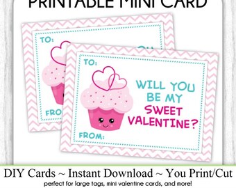 Cute Cupcake Valentine's Day Printable Cards, Valentine Mini Cards, DIY, You Print, Sweet Hearts Valentine Printable Cards, Instant Download