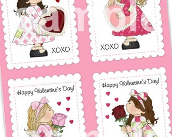 INSTANT DOWNLOAD - Printable Valentines - Eight Mini Cards (4 with writing, 4 blank) - 2.5 x 3.5 - in PDF format - sweet girls, dolls