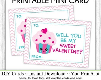 Cute Cupcake Valentine's Day Printable Cards, Mini Cards, DIY, You Print, Sweet Hearts Icing Valentine Printable Cards, Instant Download