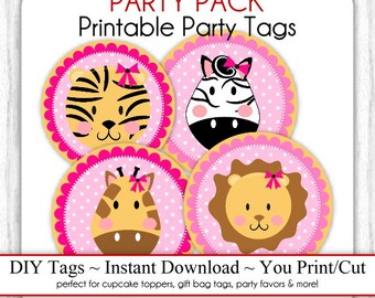 Instant Download - PARTY PACK - Baby Girl Jungle Animals, Printable Party Tags, Jungle Animal Cupcake Toppers, DIY, You Print, You Cut