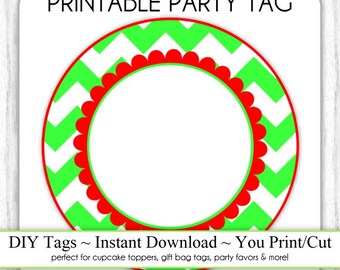 Instant Download - Red and Green Chevron, Christmas Printable Party Tag, Cupcake Topper, DIY, You Print, You Cut