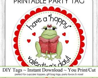 Instant Download -  Valentine's Day Printable Party Tags, Valentine Frog Cupcake Topper, DIY, You Print, You Cut