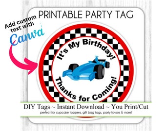 Blue Racing Car Birthday Tag, Red and White Check Printable Sticker, Edit Race Car Design in Canva, DIY Cupcake Topper, Instant Download