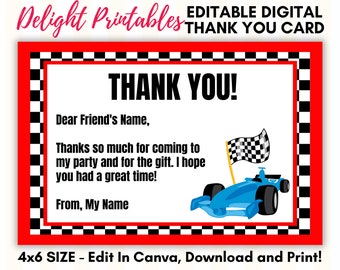 Editable Race Car Birthday 4x6 Thank You Card, Printable DIY, You print, Instant Download PDF With Editable CANVA template