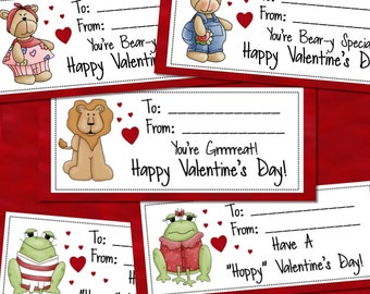 INSTANT DOWNLOAD - TEN Printable Valentine Treat Bag Toppers - 6.75x6 - in pdf format - frogs, bears, lion