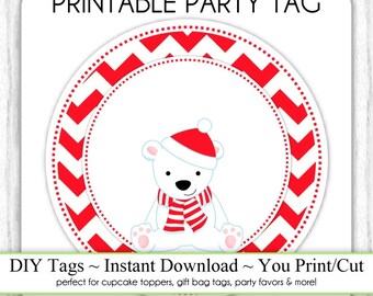 Christmas Printable Tags, Polar Bear Xmas Tags, Christmas DIY Party Tags, You Print, You Cut, INSTANT DOWNLOAD
