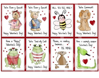INSTANT DOWNLOAD - Printable Valentines - Eight Mini Cards - 2.5 x 3.5 - in PDF format - frogs, bears, lion, snake, bee, monkey