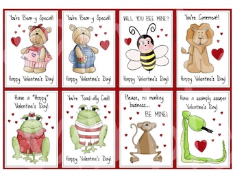 INSTANT DOWNLOAD - Printable Valentines - Eight Mini Cards - 2.5 x 3.5 - in PDF format - frogs, bears, lion, snake, bee, monkey