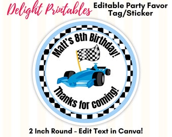 Editable Blue Race Car Birthday Tag, Customize with Canva Template, DIY Gift Label, Birthday Party Favor Tag or Sticker