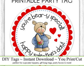 Instant Download -  Valentine's Day Printable Party Tags, Valentine Bear Cupcake Topper, DIY, You Print, You Cut