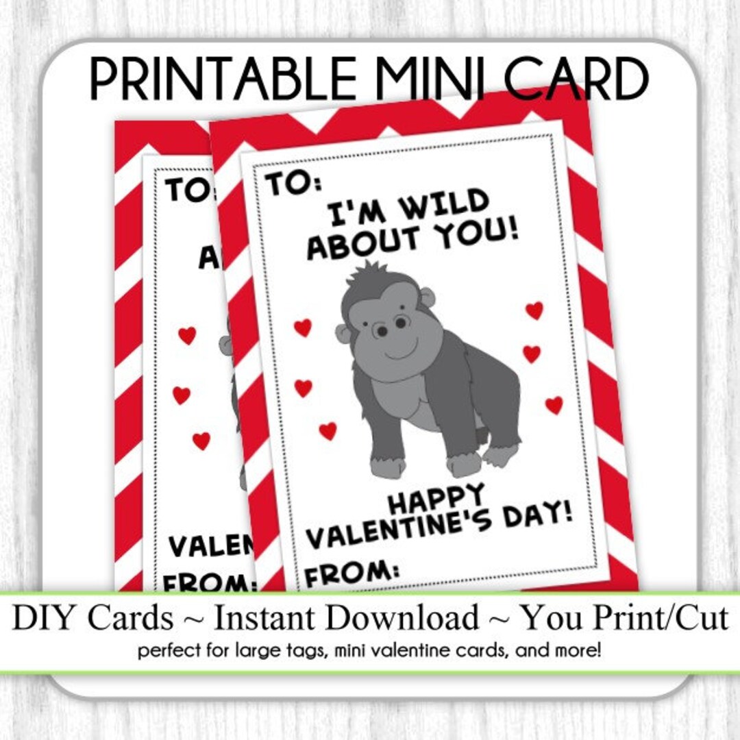 Gorilla Valentine's Day Printable Cards, Valentine Mini Cards, DIY, You Print, Monkey Valentine Printable Cards, Instant Download - Etsy for Free Printable Mini Valentine Cards