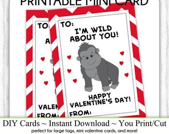 Gorilla Valentine's Day Printable Cards, Valentine Mini Cards, DIY, You Print, Monkey Valentine Printable Cards, Instant Download