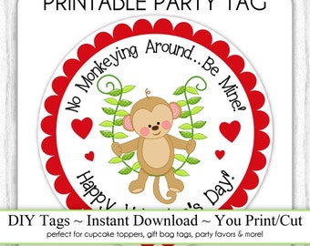 Instant Download -  Valentine's Day Printable Party Tags, Valentine Monkey Cupcake Topper, DIY, You Print, You Cut, Monkey Valentine Tags