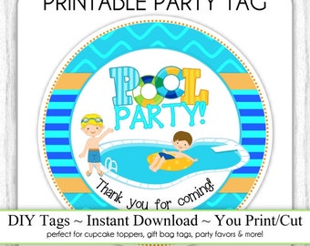 INSTANT DOWNLOAD - Printable Pool Party Birthday Tag, Printable Party Tag, Cupcake Topper, you print, you cut, DIY pool party labels