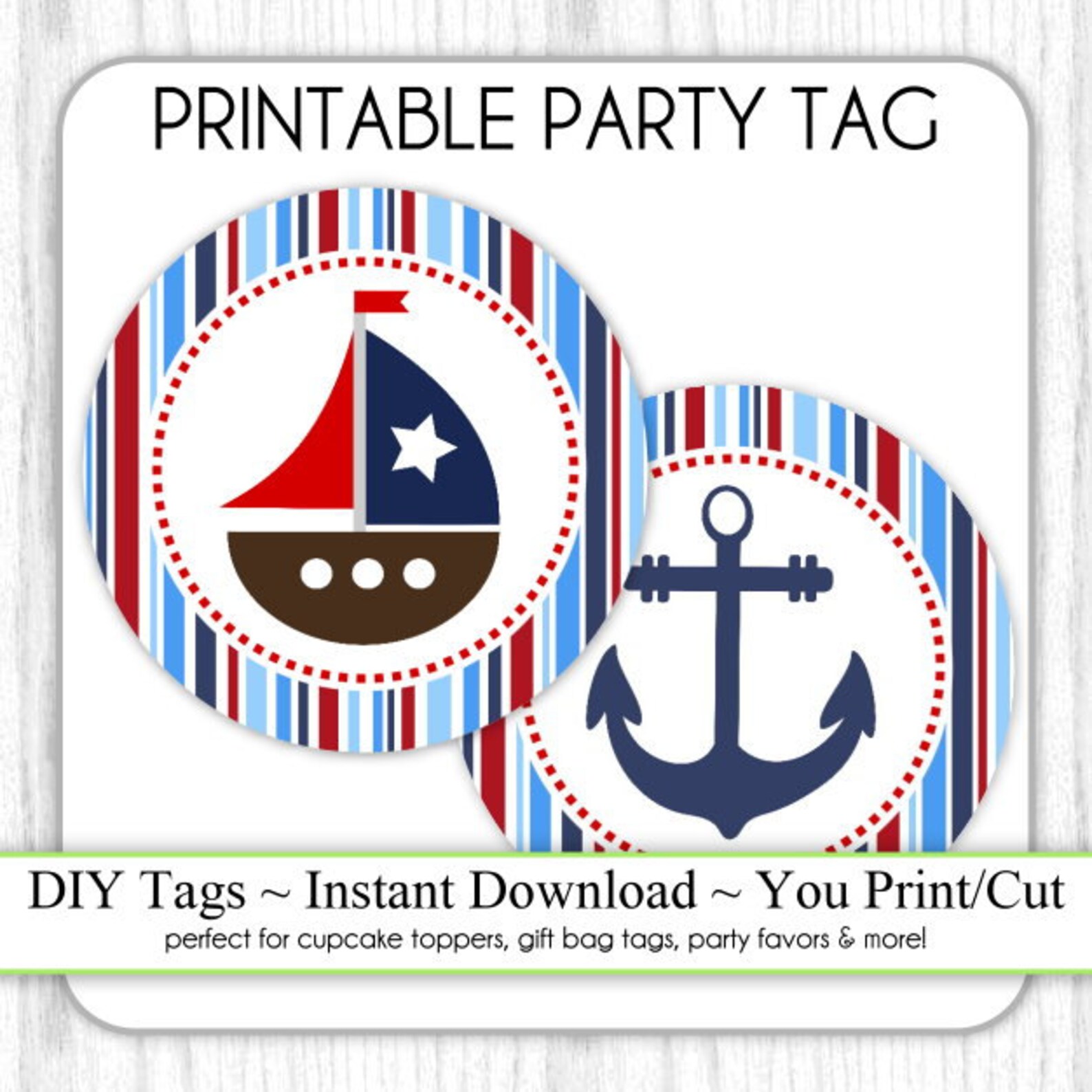 Nautical Birthday Tags Printable Party Tag Cupcake Topper Etsy