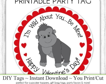 Instant Download -  Valentine's Day Printable Party Tags, Valentine Gorilla Cupcake Topper, DIY, You Print, You Cut, Gorilla Valentine Tags