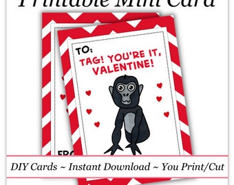 Fun Gorilla Valentine's Day Printable Cards, Valentine Mini Cards, DIY, You Print, Monkey Valentine Printable Cards, Instant Download
