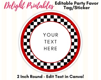 Instant Download AND Editable Canva Template - Race Car Party Printable Tag, Checkered Party Tag, Blank DIY Cupcake Topper or Sticker