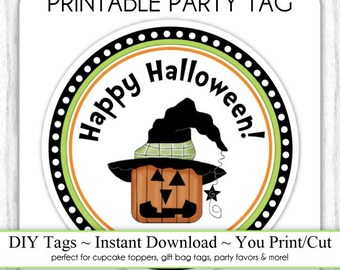 Halloween Printable Tags, Cute Pumpkin Witch Tags, DIY Party Tags, You Print, You Cut, INSTANT DOWNLOAD