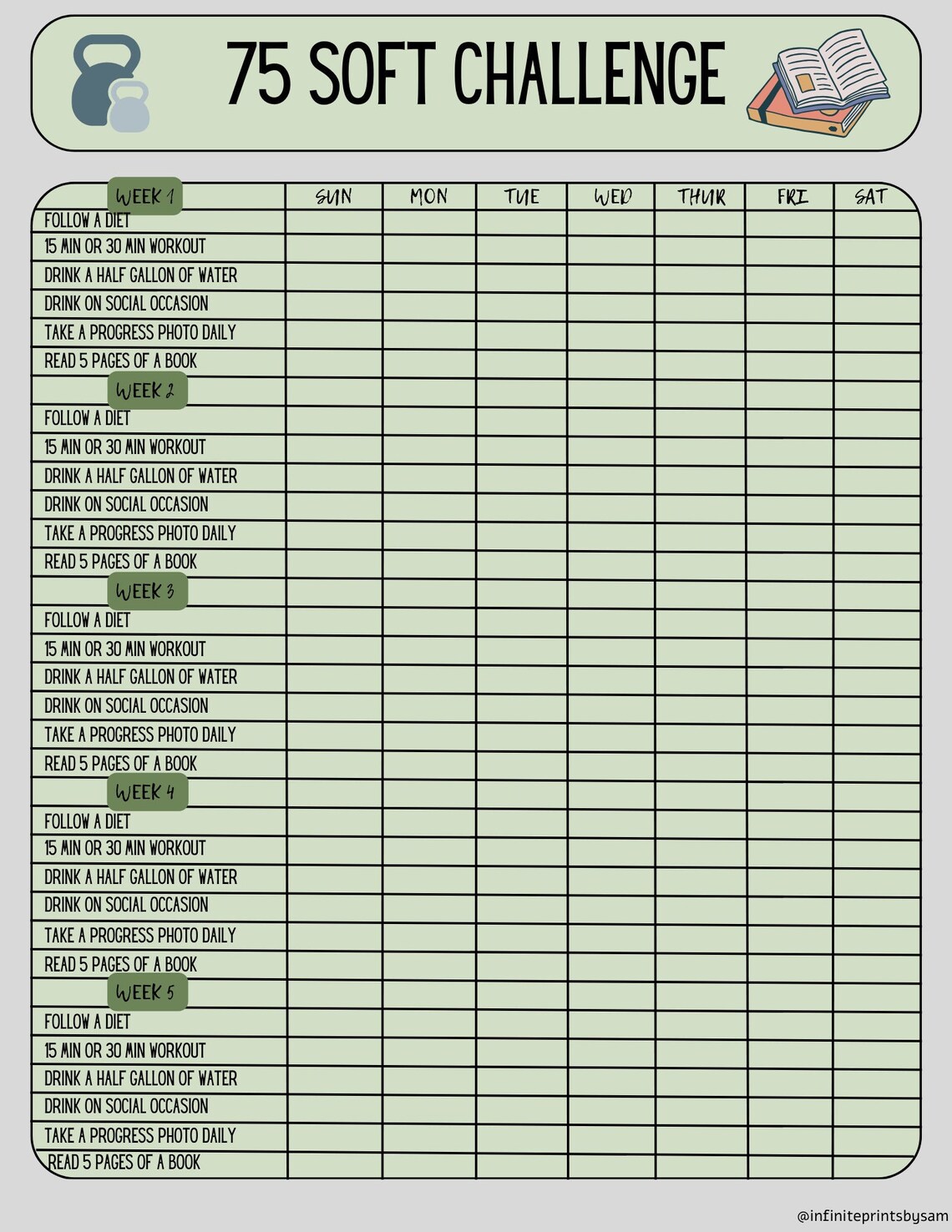 75 Soft Challenge Tracker - Green Hues - Etsy