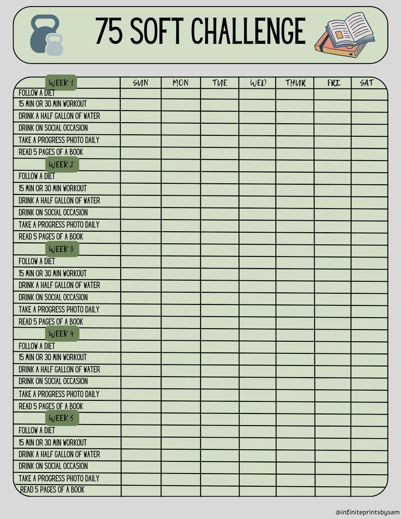 75 Soft Challenge Tracker - Green Hues - Etsy