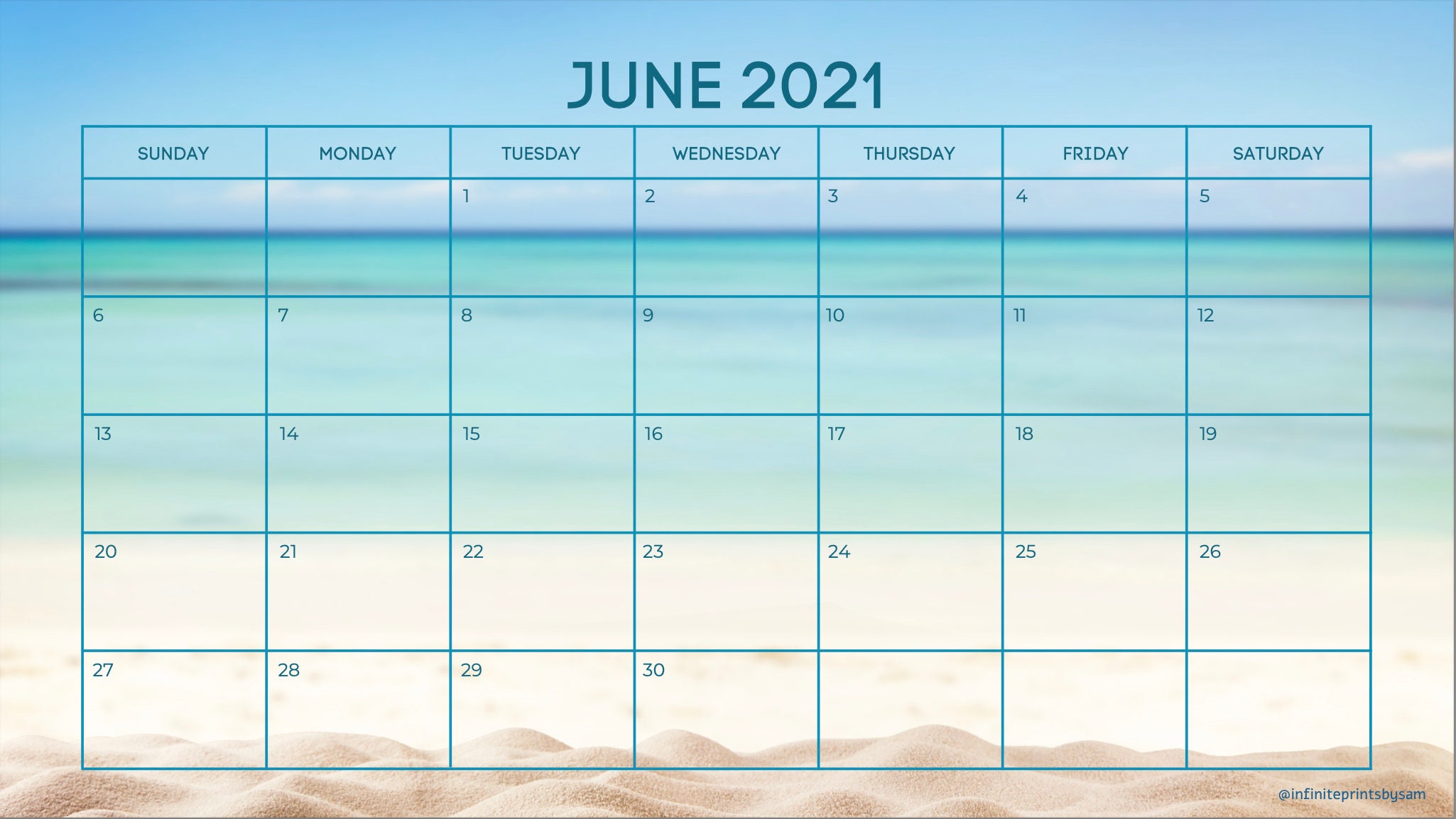 June 2021 Calendar Ocean Etsy