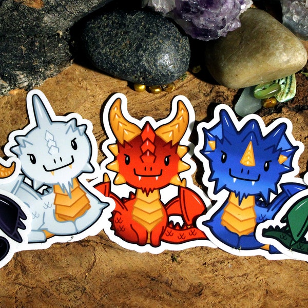Tiamat's Tiny Terrors - Cute Chromatic Dragon Stickers - Waterproof Vinyl Stickers