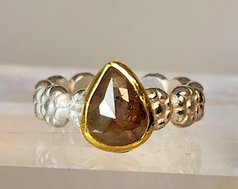 2.28 Carat Pear Rose Cut Mocha Diamond Ring: 22kt Gold & Fine Silver