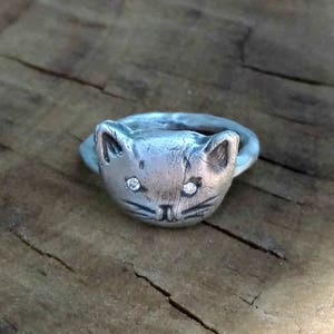 Cat Ring, Diamond kitty Ring, engagement ring, stackable ring, silver and diamond cat ring, cat jewelry, animal jewelry