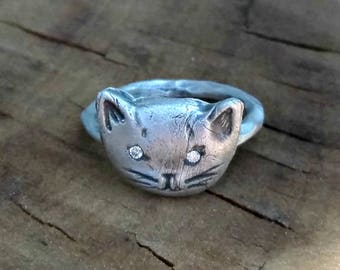 Cat Ring, Diamond kitty Ring, engagement ring, stackable ring, silver and diamond cat ring, cat jewelry, animal jewelry