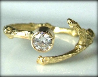 Moissanite  solid gold Twig  engagement ring, 14 kt gold and moissanite  twig ring, gemstone and gold ring
