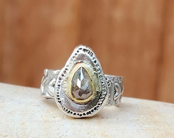 Rose Cut Grey Diamond Solitaire Ring: 22kt Gold & Silver Engagement Ring