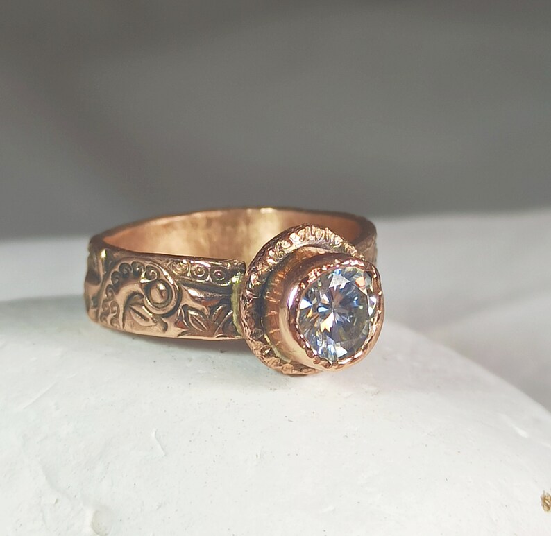 Moissanite Solid Rose Gold Ring , 1 Carat Moissanite and Ancient Style 14 kt Solitaire Ring, Rose Gold Jewelry image 6