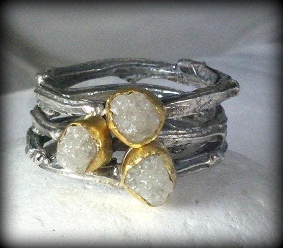 Rough Diamond Stacking Rings, Twig Ring set, Stackable Rings ,Gold, silver and raw diamond ring set, statement ring, engagement ring
