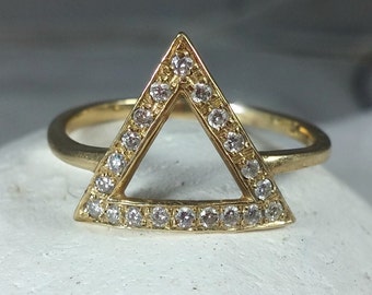 14kt Gold Diamond Triangle Ring: Geometric Statement Ring