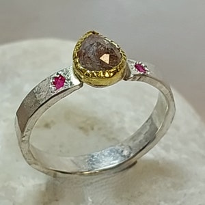 Rose Cut Diamond & Ruby Ring: 22kt Gold, Sterling Silver, Size 8