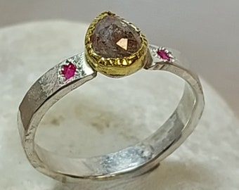 Rose Cut Diamond & Ruby Ring: 22kt Gold, Sterling Silver, Size 8