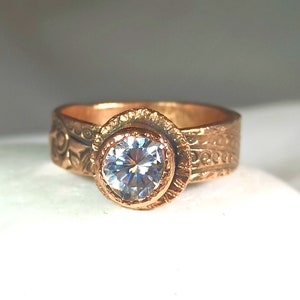 Moissanite Solid Rose Gold Ring , 1 Carat Moissanite and Ancient Style 14 kt Solitaire Ring, Rose Gold Jewelry image 1