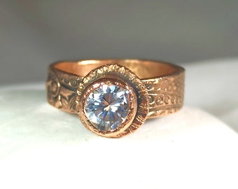 Moissanite Solid Rose Gold Ring , 1 Carat Moissanite  and Ancient Style 14 kt  Solitaire Ring, Rose Gold Jewelry