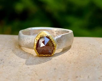 Rose Cut Diamond Ring: 22kt Gold, Sterling Silver Geometric Solitaire