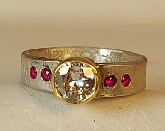 Large Moissanite Engagement Ring: 18K Gold Bezel, Ruby Sterling Band