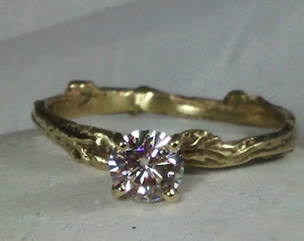 Solitaire ring, egagement ring, 5 mm Moissanite Twig engagement ring, solitaire yellow gold and moissanite  twig ring, nature jewelry