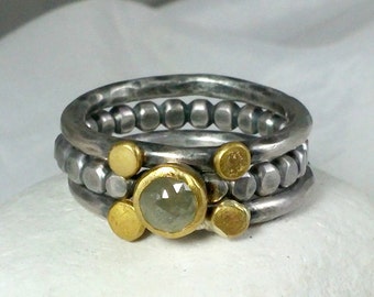 Rose Cut Diamond Stacking Rings: 22kt Gold & Sterling Silver, Size 7