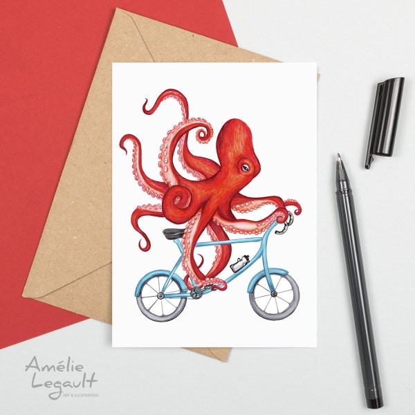 Oktopus auf einem Fahrrad, Grußkarte