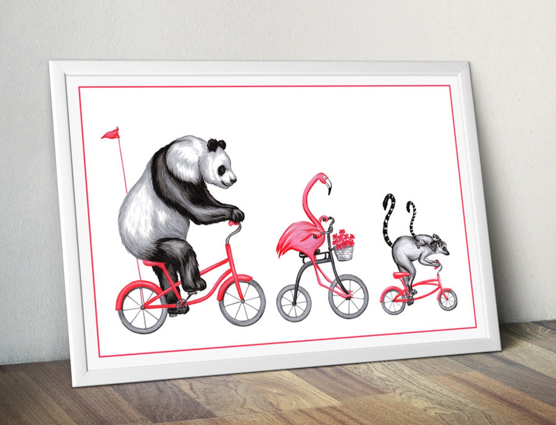 Pink flamingos on tandem bicycle print cycling flamingos | Etsy